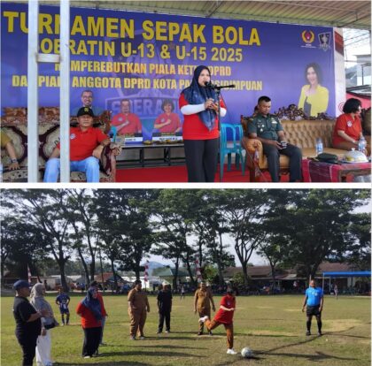Ketua DPRD Sri Munawaroh saat membuka secara resmi turnamen ini dan anggota DPRD melakukan tendangan bola perdana di lapangan sepakbola Asrama Kodim 0212/Tapsel, Selasa (3/6-25). Foto : BP/Ist
