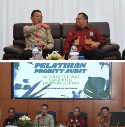 Bupati Tapsel H Gus Irawan Pasaribu sedang bincang serius dengan narasumber pelatihan Probity Audit di Kantor Balai Diklat PKN Medan, Selasa (10/6-25). Foto : BP Kolase/Ist